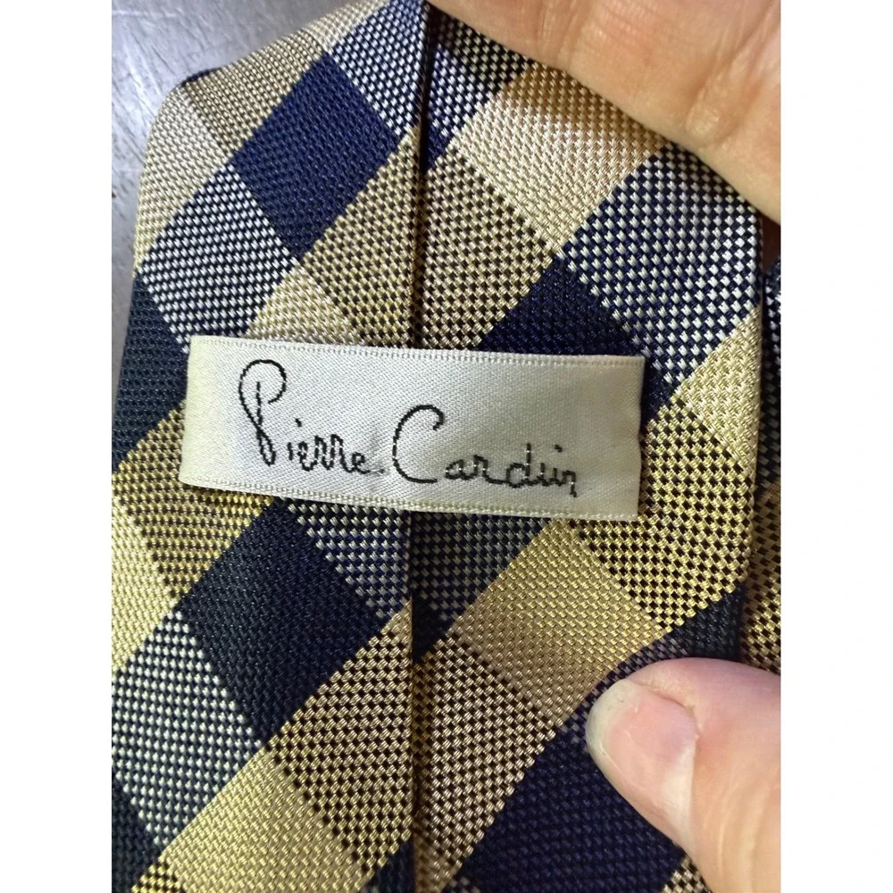 Pierre‎ Cardin Mens Necktie Gingham Check Navy Blue Yellow One Size